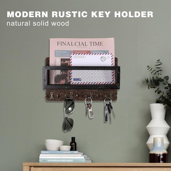NEW Mail and Key Holder for Wall Decorative, Wooden Wall Key Rack Organizer - Picture 5 of 9
